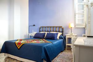 马拉加阿里西亚别墅旅馆的一间卧室配有蓝色的床和蓝色的床单