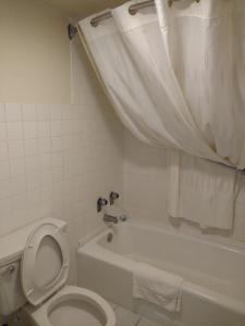 萨姆特芒特弗农酒店的浴室设有卫生间和带淋浴帘的浴缸。