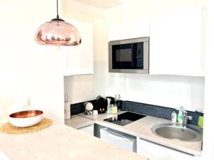 斯特拉斯堡MIDPOINT STUDİOS by Life Renaissance的白色的厨房配有水槽和微波炉