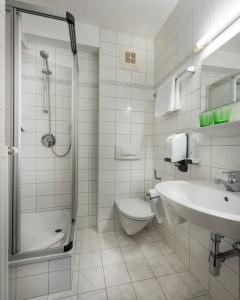 上陶恩Das Wismeyer的浴室配有卫生间、盥洗盆和淋浴。