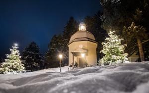 萨尔茨堡附近奥伯恩多夫奥特奥本多夫酒店的一座晚上在雪中 ⁇ 顶的建筑