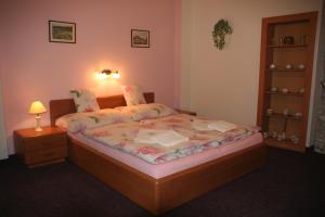 卡罗维发利彻伯斯奇杜弗尔伊格兰德霍夫酒店的一间卧室配有一张床和一个带灯的床头柜