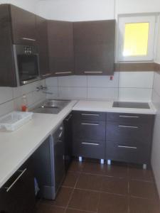 沃尼奥尔茨沃什海吉劳拉之家公寓的厨房配有黑色橱柜和水槽