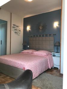 阿姆博斯金格酒店的一间卧室配有一张大床和粉红色的床罩