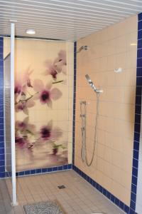 GillenfeldLandhotel Gillenfelder Hof的浴室设有墙壁上花卉装饰的淋浴。