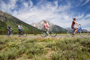 河狸溪珍妮湖小屋酒店的三位骑着自行车的人在山间的一个路上骑着