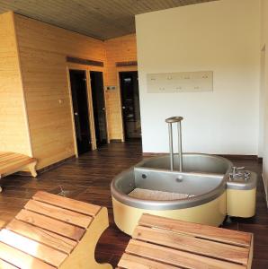 莫德拉瓦EA Horský Hotel Hájenka的一间位于客房中间的大浴室,配有浴缸