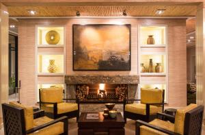 斯泰伦博斯德莱尔格拉夫温泉旅舍的客厅设有壁炉和墙上的绘画作品