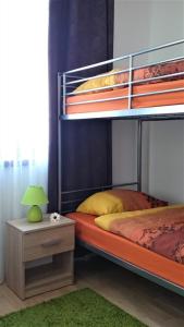 博维茨Holiday Home Julian Alps的一间卧室配有一张双层床,铺有绿色地毯。