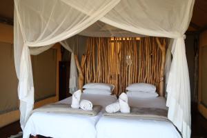 NgomaChobe River Camp的一间卧室配有两张带白色床单和枕头的床。