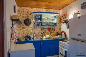 谢拉库夫Domek letniskowy Sieraków的小厨房配有蓝色橱柜和冰箱