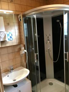 伯海姆基兴附近卡斯滕格沃斯维尔特宾馆的带淋浴和盥洗盆的浴室