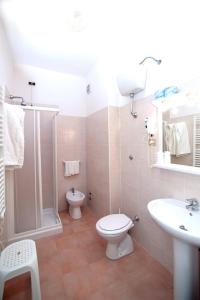 佩斯基奇Hotel Peschici的浴室配有卫生间、淋浴和盥洗盆。