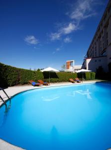 图伊科隆图伊酒店的一个带椅子和遮阳伞的大型蓝色游泳池