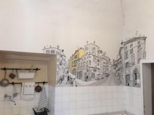 佩鲁贾Le Camere di Casa Cassandra的带有城市壁画的浴室
