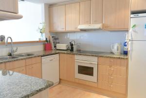 帕尔斯Apart Port Pals Duplex的厨房配有木制橱柜和白色冰箱。