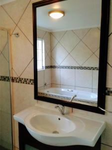 比勒陀利亚Cottage Guesthouse的浴室配有盥洗盆、镜子和浴缸