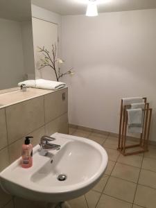 慕尼黑Eberl Hotel Pension München Feldmoching的浴室设有白色水槽和镜子