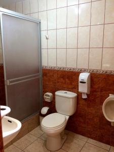 特鲁希略Hostal El Pillkay的浴室配有卫生间、盥洗盆和淋浴。