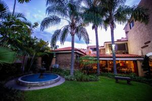 瓜达拉哈拉拉麦森德索酒店的棕榈树庭院中带喷泉的房子