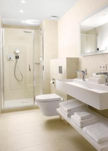 斯特拉斯堡勒月公寓的带淋浴、卫生间和盥洗盆的浴室