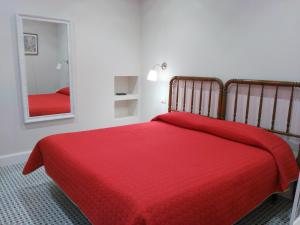 拉奥罗塔瓦Pension Silene Orotava的一间卧室配有红色的床和镜子