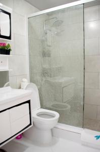 喀巴里特El Cabarete Spa Resort all-Inclusive的一间带卫生间和玻璃淋浴间的浴室