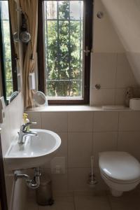朗克维茨Reetdach-Ferienhaus in Quilitz的一间带水槽和卫生间的浴室以及窗户。