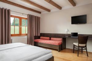 维特科维采Aneta Hotel & Restaurant的一间卧室配有一张床、一张书桌和一台电视