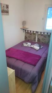 普雷芒翁La Serre Nelly Philippe的带窗户的客房内的紫色床