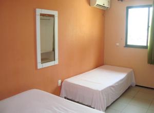 福塔莱萨Pousada Vianna's的一间卧室设有两张床、镜子和窗户