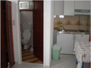伊奥斯乔拉阿蒂米斯旅馆的一间带卫生间和水槽的浴室以及一间厨房