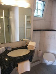 罗滕堡霍夫曼施默泽膳食公寓酒店的一间带水槽、卫生间和镜子的浴室