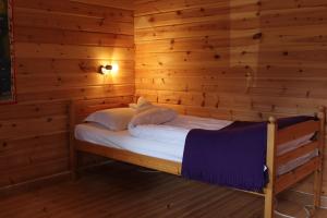 SkanderåsenHöglunda Gård B&B Lantgård的木制客房内的一间卧室,配有一张床