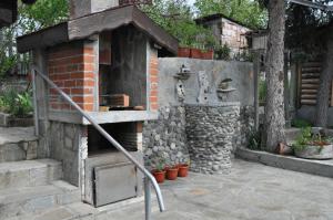 克尔贾利Holiday Home Vilata的花园里的露天砖炉,种植了盆栽植物