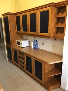 圣朱利安斯Swieqi Semi Detached Maisonette的厨房配有木制橱柜和台面上的微波炉