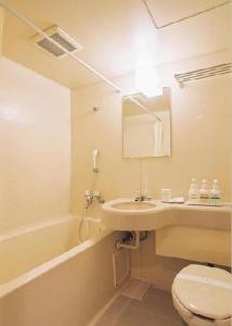 天童市天童中心酒店的浴室配有盥洗盆、卫生间和浴缸。