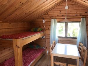 LumparlandSvinö Camping Lodge的小木屋设有两张双层床和一张桌子