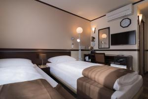 美因河畔法兰克福东横INN美因河畔法兰克福火车总站酒店的酒店客房设有两张床和一台平面电视。