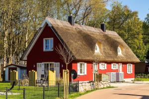 格洛韦Ferienhaus Greta的茅草屋顶的红色房子