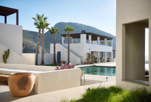 托多斯桑托斯Hotel San Cristobal Adults 15+的一座带游泳池和棕榈树的房子