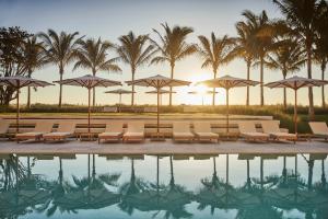 迈阿密海滩冲浪俱乐部四季酒店的一个带椅子和遮阳伞的游泳池以及棕榈树