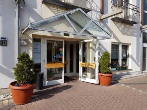 迪茨威廉·冯·拿骚酒店及餐厅的玻璃入口,有两株盆栽植物的建筑物