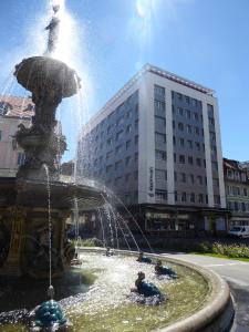 拉绍德封弗乐德里斯酒店 的城市里的喷泉,人们在玩