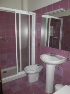吉尔斯Hotel Central Jardim的粉红色的浴室设有水槽和卫生间