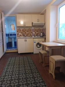 巴库Guest house near Baku airport的厨房配有洗衣机和桌子