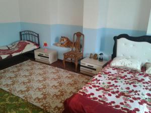 巴库Guest house near Baku airport的一间卧室配有两张床、一张桌子和一把椅子