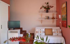 卡拉马孔Elegant Maisonettes Kalamaki的一间带床和电视的客厅