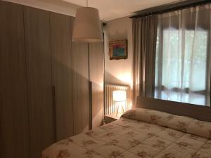 圣贝内代托-德尔特龙托Monolocale con giardino的一间卧室设有床、窗户和一盏灯。