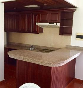 蓬塔卡纳高尔夫套房酒店的厨房配有花岗岩台面和木制橱柜